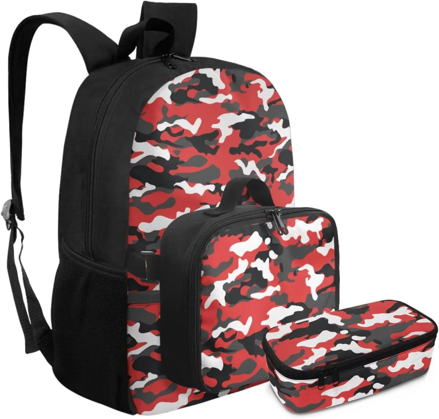 Rnyleeg Red Camo School Backpack for Boys Lightweight Boys Backpack 6-8 8-12 with Lunch Bag 17 Inch Primary School Bag Set 3 in 1 Casual Travel Camping Packsack