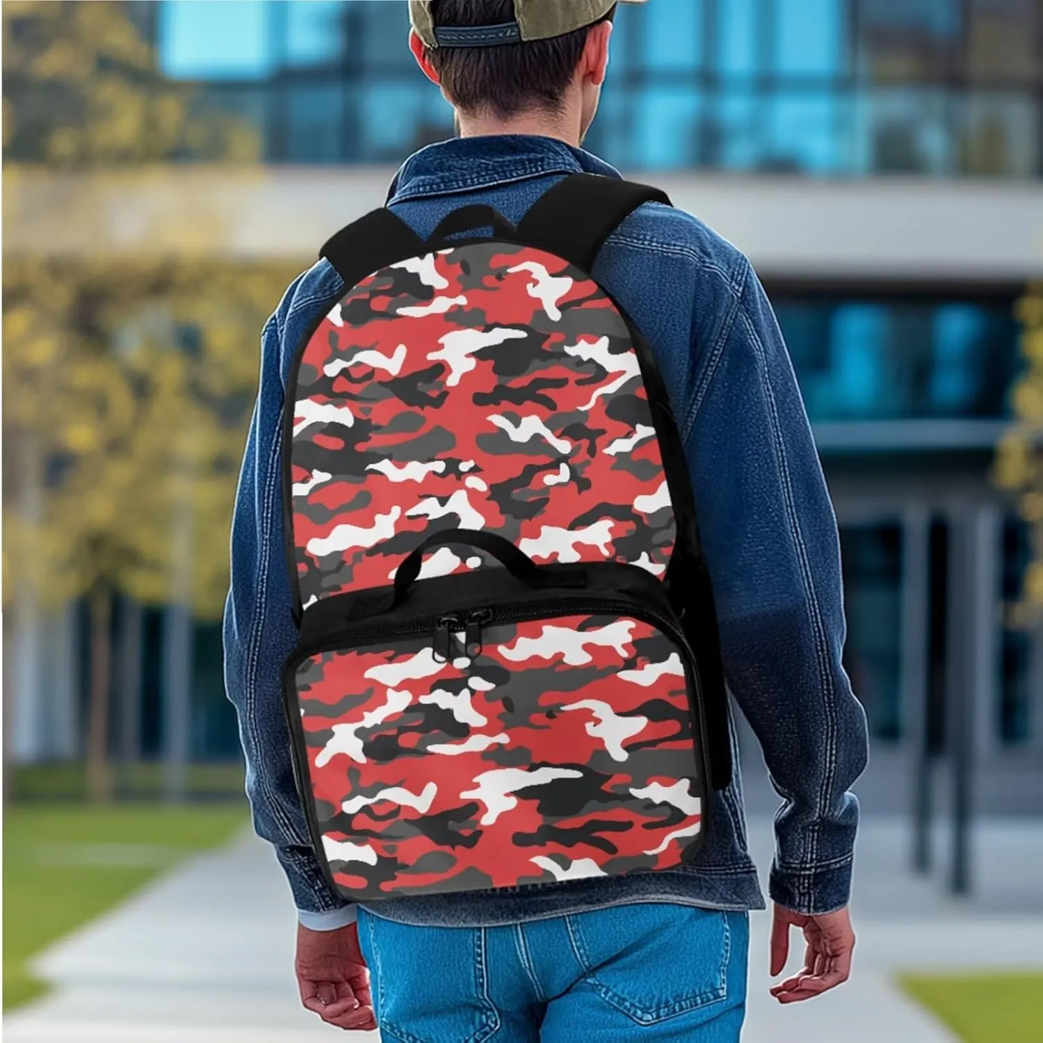 Rnyleeg Red Camo School Backpack for Boys Lightweight Boys Backpack 6-8 8-12 with Lunch Bag 17 Inch Primary School Bag Set 3 in 1 Casual Travel Camping Packsack