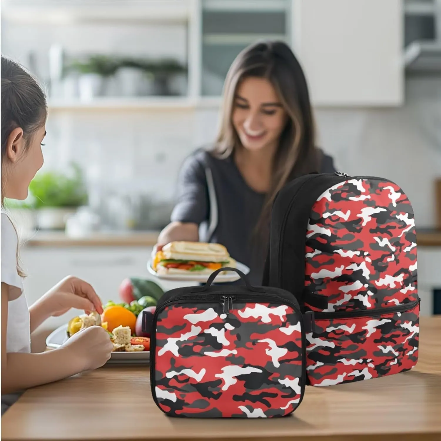Rnyleeg Red Camo School Backpack for Boys Lightweight Boys Backpack 6-8 8-12 with Lunch Bag 17 Inch Primary School Bag Set 3 in 1 Casual Travel Camping Packsack