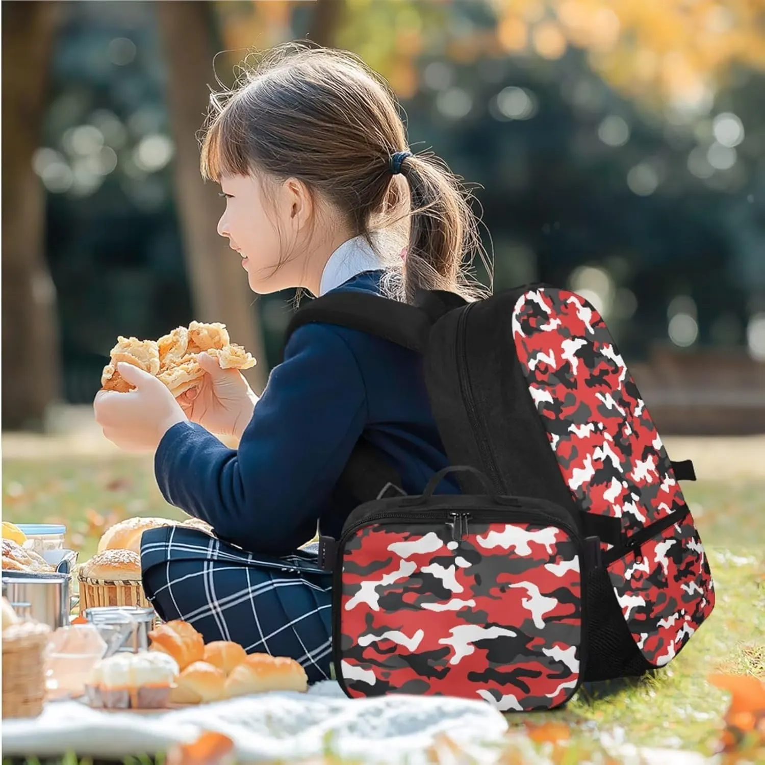 Rnyleeg Red Camo School Backpack for Boys Lightweight Boys Backpack 6-8 8-12 with Lunch Bag 17 Inch Primary School Bag Set 3 in 1 Casual Travel Camping Packsack