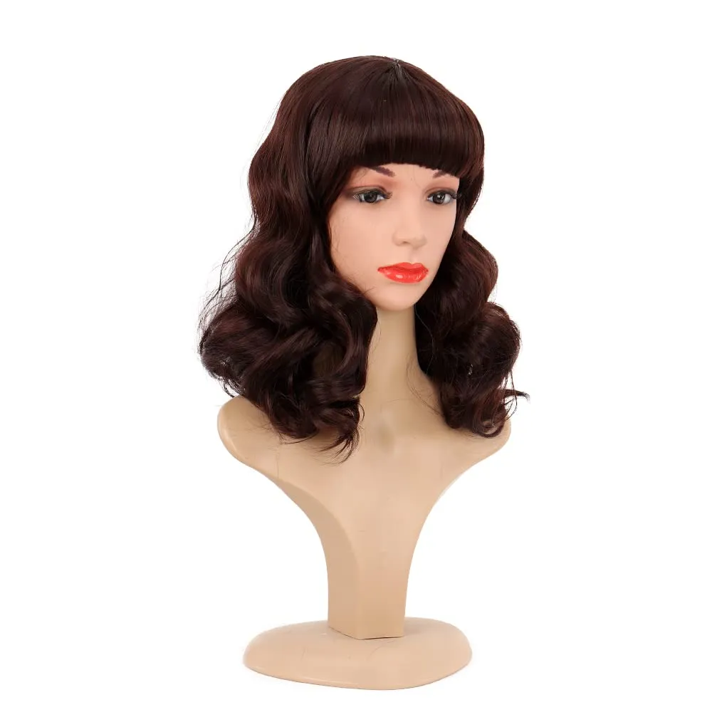 Rockabilly Vintage Wig Audrey Hepbum Short Bang Wig Long Finger Wavy Wigs for Women (Dark brown)