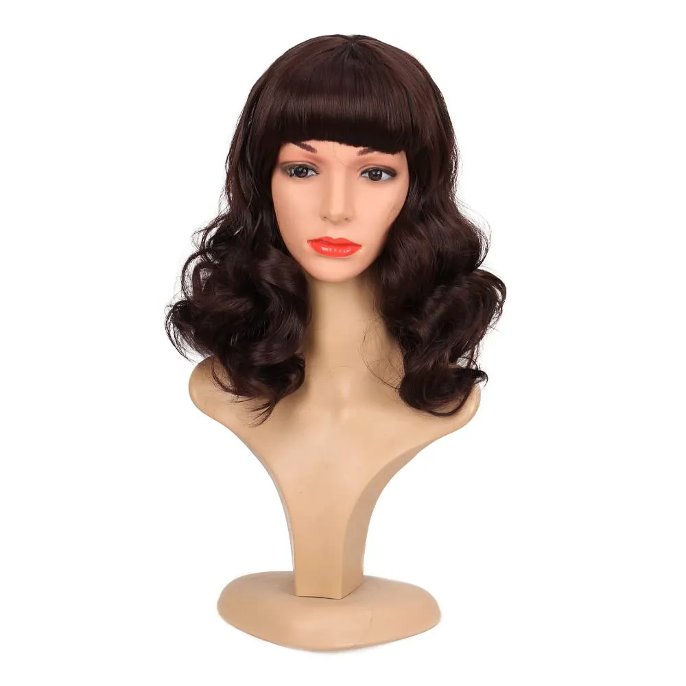 Rockabilly Vintage Wig Audrey Hepbum Short Bang Wig Long Finger Wavy Wigs for Women (Dark brown)
