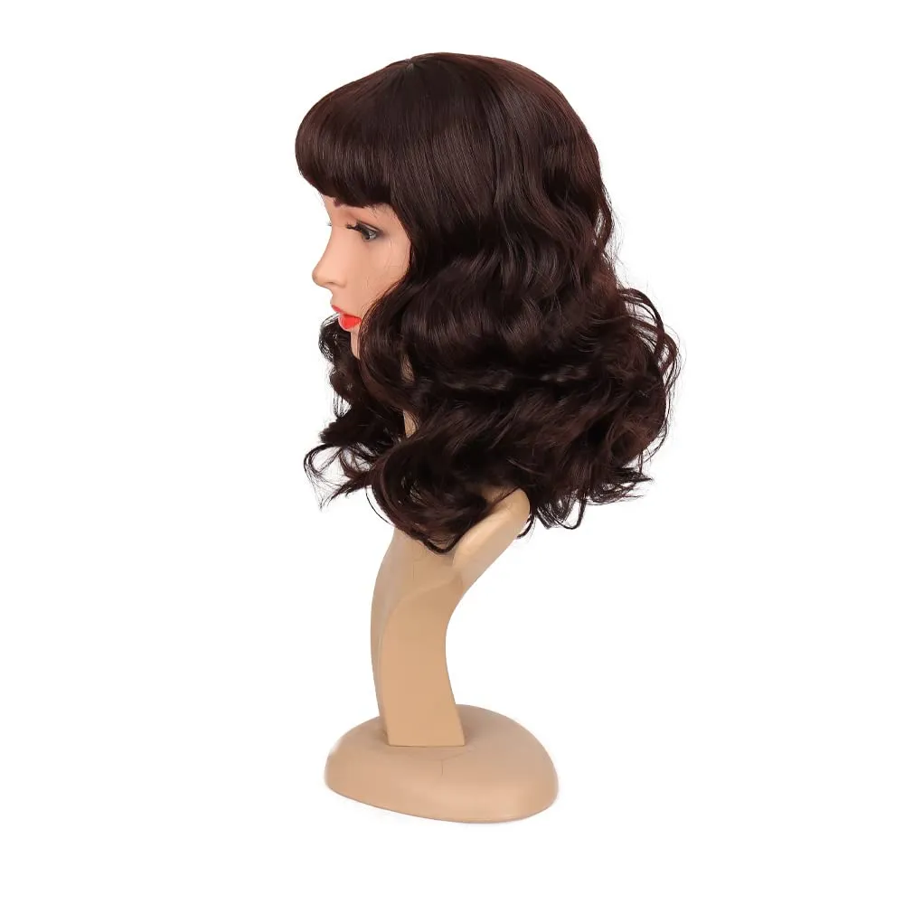 Rockabilly Vintage Wig Audrey Hepbum Short Bang Wig Long Finger Wavy Wigs for Women (Dark brown)