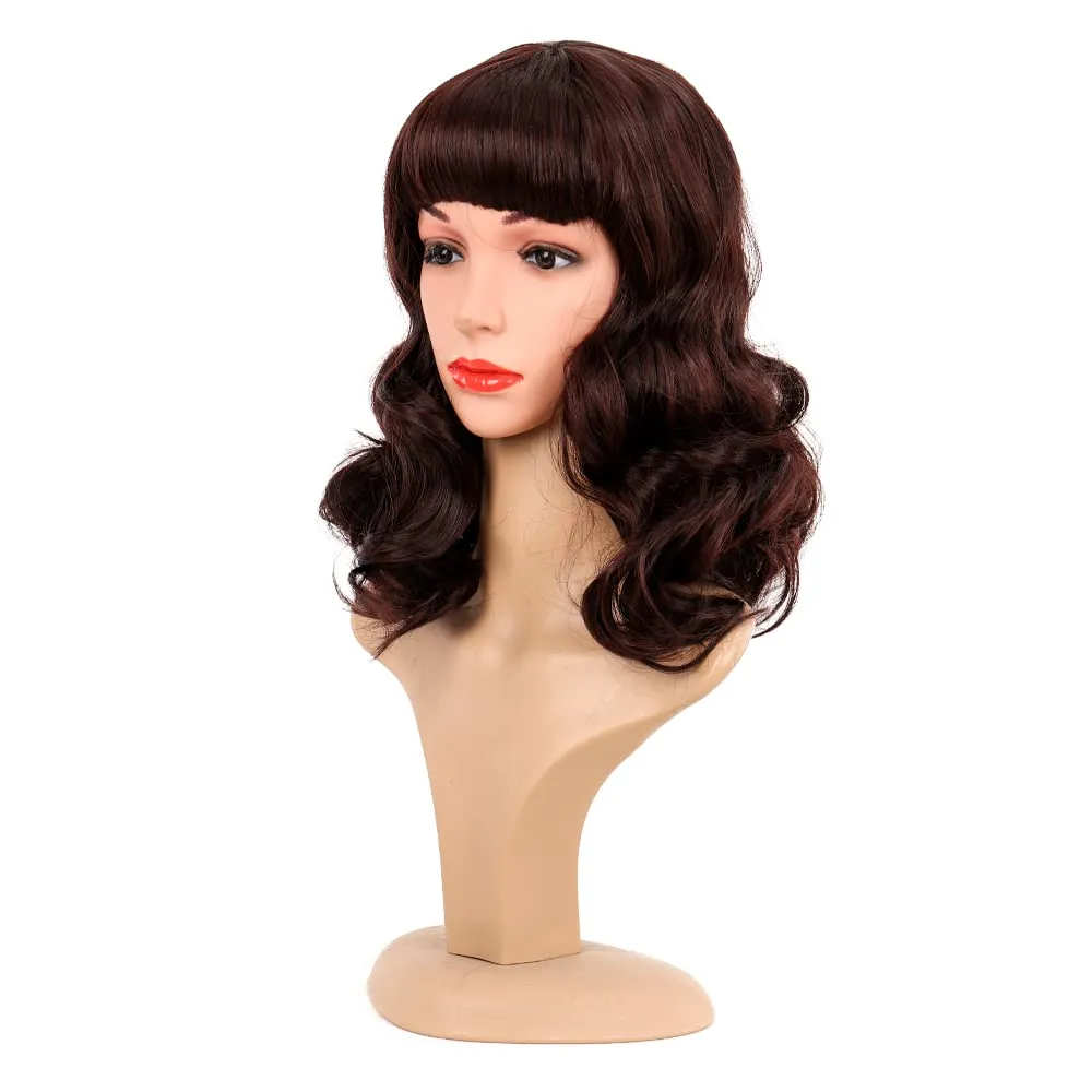 Rockabilly Vintage Wig Audrey Hepbum Short Bang Wig Long Finger Wavy Wigs for Women (Dark brown)
