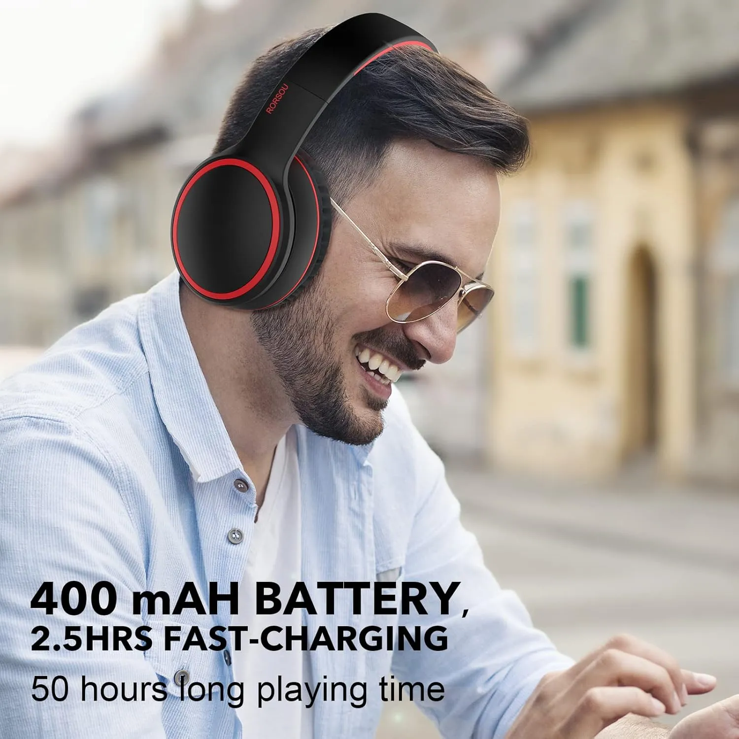RORSOU B10 Bluetooth Headphones Over Ear, Lightweight Folding Stereo Bass Wireless Headset with Mic, 50H Playtime, Volume Control, Bluetooth 5.3 Headphones for iPad/Travel/Tablet/PC (Black)