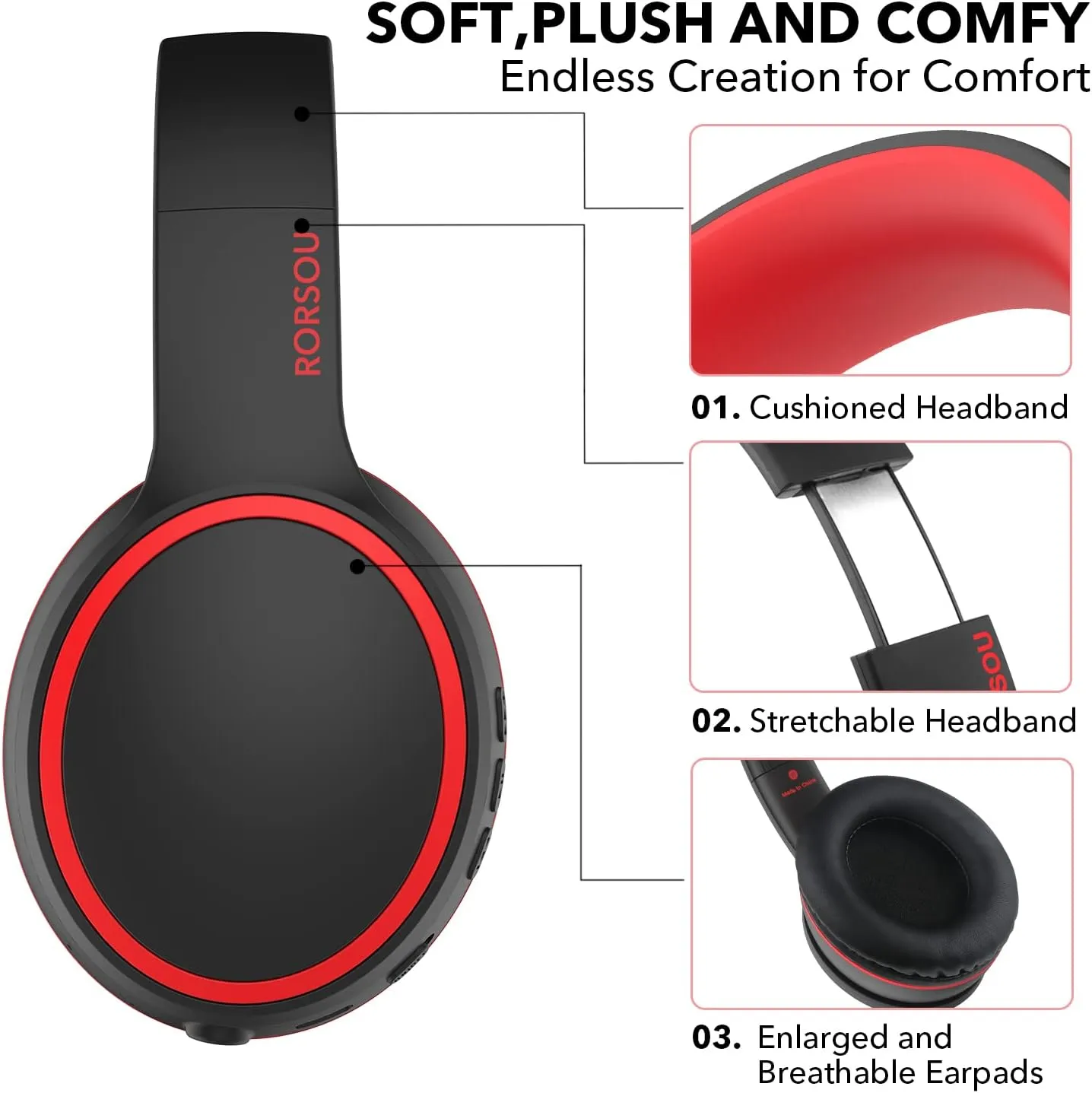 RORSOU B10 Bluetooth Headphones Over Ear, Lightweight Folding Stereo Bass Wireless Headset with Mic, 50H Playtime, Volume Control, Bluetooth 5.3 Headphones for iPad/Travel/Tablet/PC (Black)