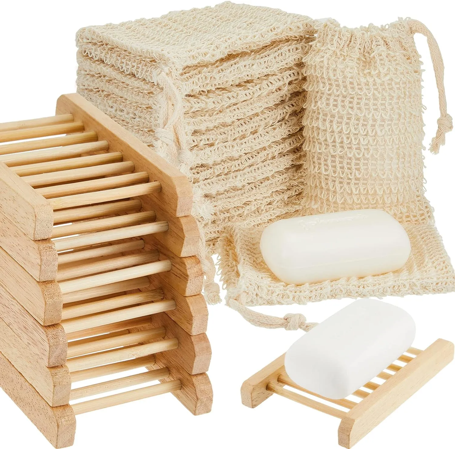 Rtteri 60 Pcs Soap Exfoliating Bag Holder Set with Soap Save Pouch Mesh Sisal Bag and Bamboo Wood Holder for Shower and Bath Use