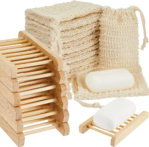 Rtteri 60 Pcs Soap Exfoliating Bag Holder Set with Soap Save Pouch Mesh Sisal Bag and Bamboo Wood Holder for Shower and Bath Use
