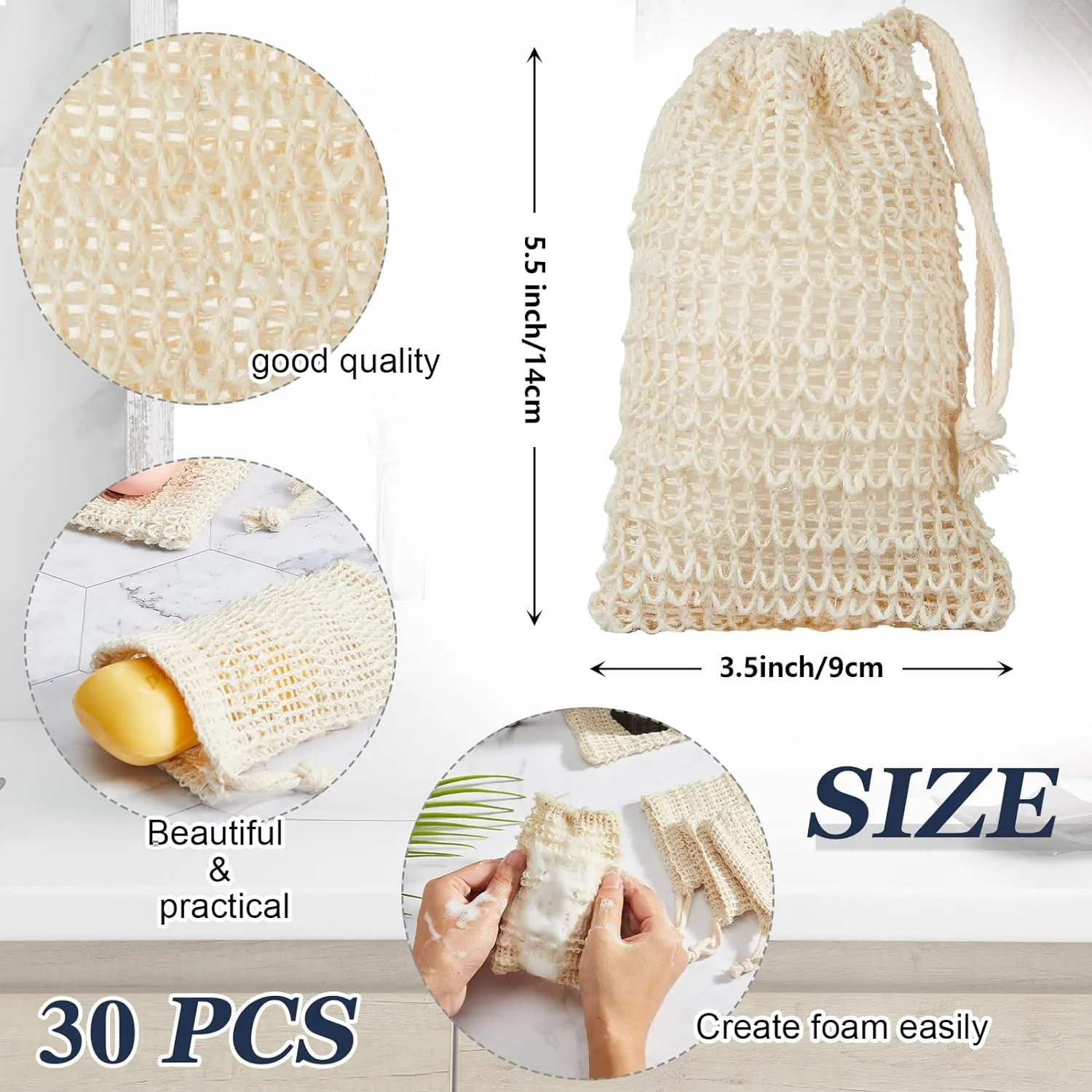 Rtteri 60 Pcs Soap Exfoliating Bag Holder Set with Soap Save Pouch Mesh Sisal Bag and Bamboo Wood Holder for Shower and Bath Use