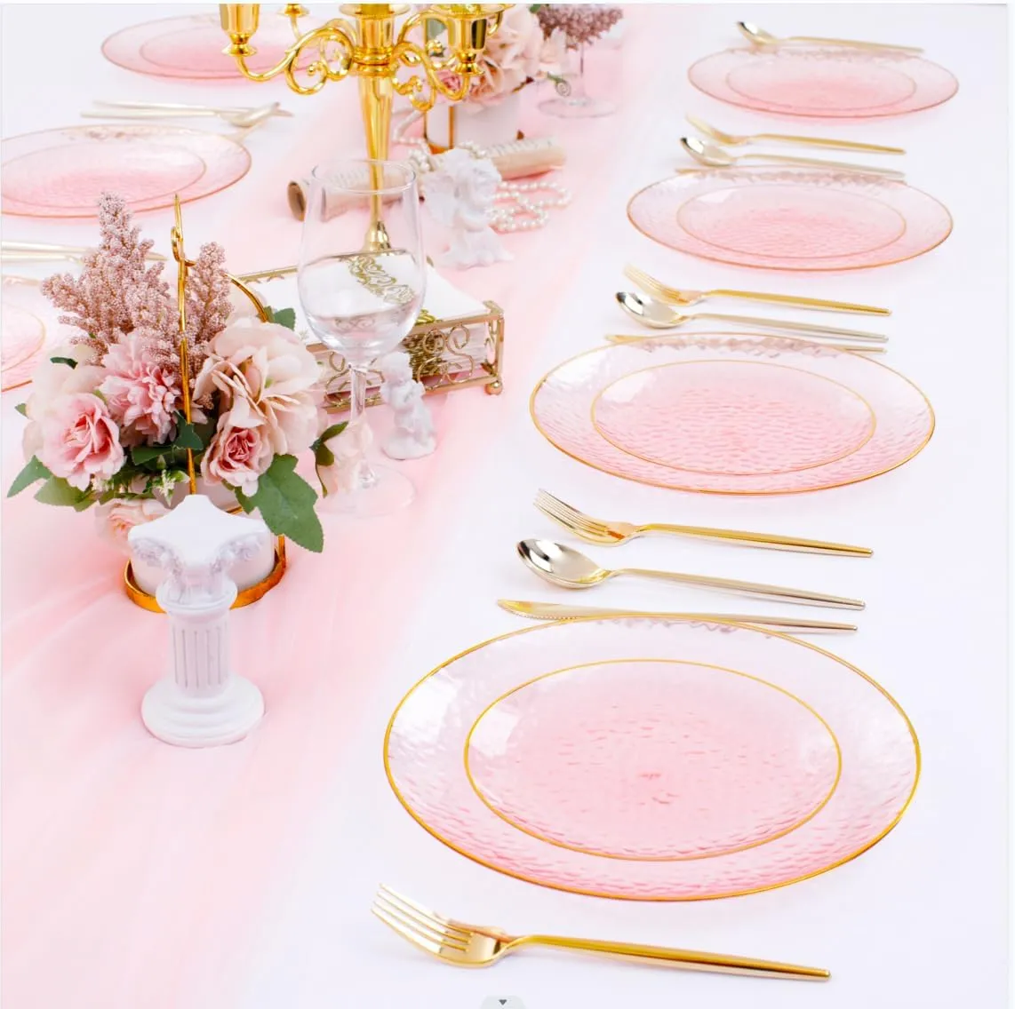 Rubtlamp 60Pcs Pink Plastic Plates,Clear Pink Plates With Gold Rim,Hammered Gold Plates Include 30Pink Plastic Dessert Platos, 30Gold Dinner Platos For Mother's Day