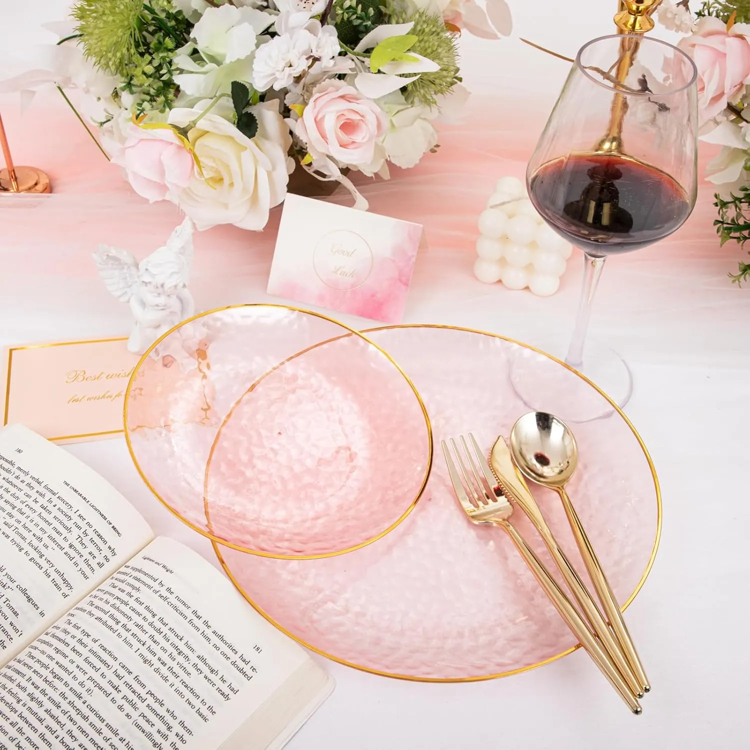 Rubtlamp 60Pcs Pink Plastic Plates,Clear Pink Plates With Gold Rim,Hammered Gold Plates Include 30Pink Plastic Dessert Platos, 30Gold Dinner Platos For Mother's Day
