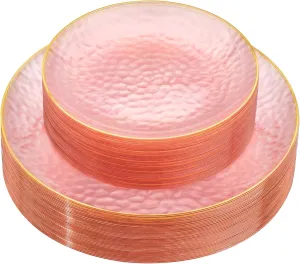 Rubtlamp 60Pcs Pink Plastic Plates,Clear Pink Plates With Gold Rim,Hammered Gold Plates Include 30Pink Plastic Dessert Platos, 30Gold Dinner Platos For Mother's Day