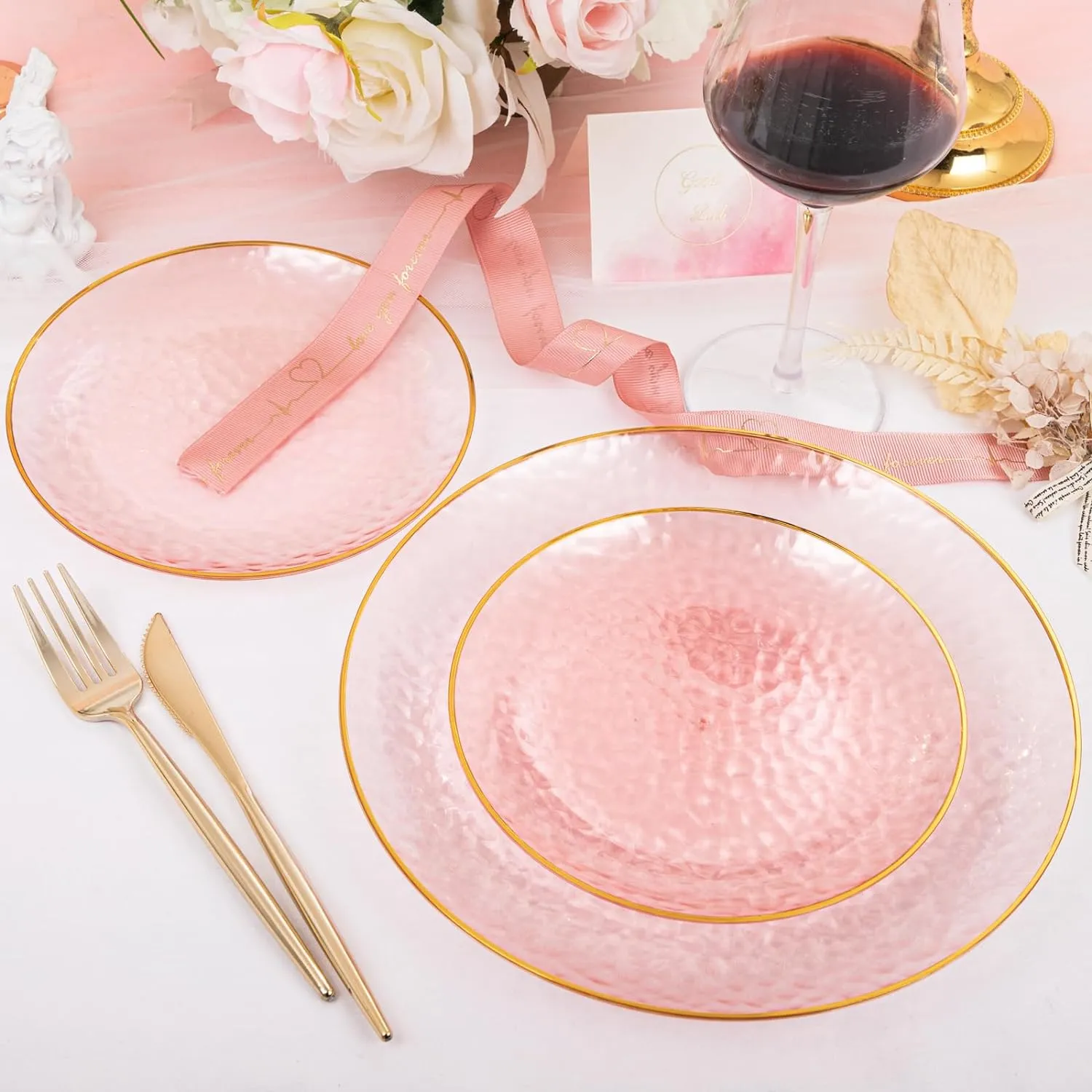 Rubtlamp 60Pcs Pink Plastic Plates,Clear Pink Plates With Gold Rim,Hammered Gold Plates Include 30Pink Plastic Dessert Platos, 30Gold Dinner Platos For Mother's Day