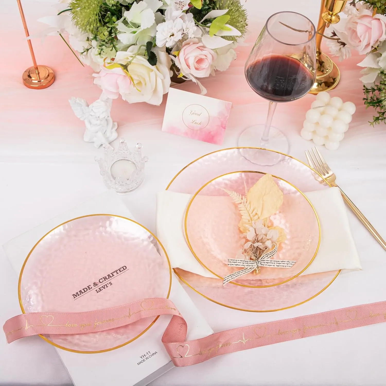 Rubtlamp 60Pcs Pink Plastic Plates,Clear Pink Plates With Gold Rim,Hammered Gold Plates Include 30Pink Plastic Dessert Platos, 30Gold Dinner Platos For Mother's Day