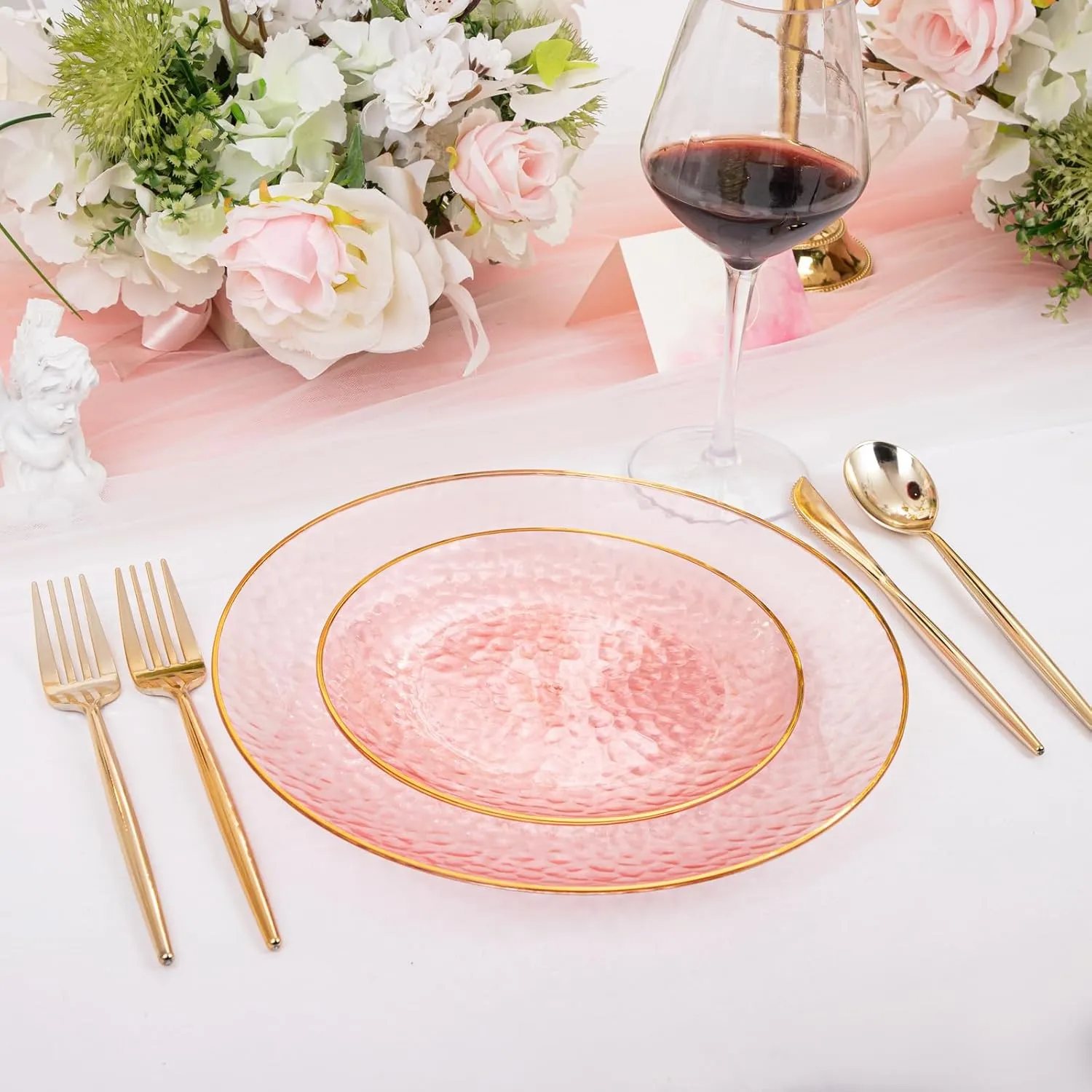 Rubtlamp 60Pcs Pink Plastic Plates,Clear Pink Plates With Gold Rim,Hammered Gold Plates Include 30Pink Plastic Dessert Platos, 30Gold Dinner Platos For Mother's Day