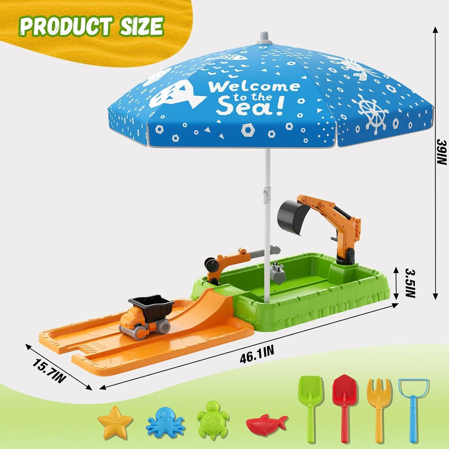 Sandbox with Lid, Dirt Digger Excavator Sand Box with Cover, Kids Sand Pit with Construction Toys/Umbrella/Beach Toys for Toddler 3-5, Sensory Kit Summer Gifts for Indoor Outdoor Backyard, Green