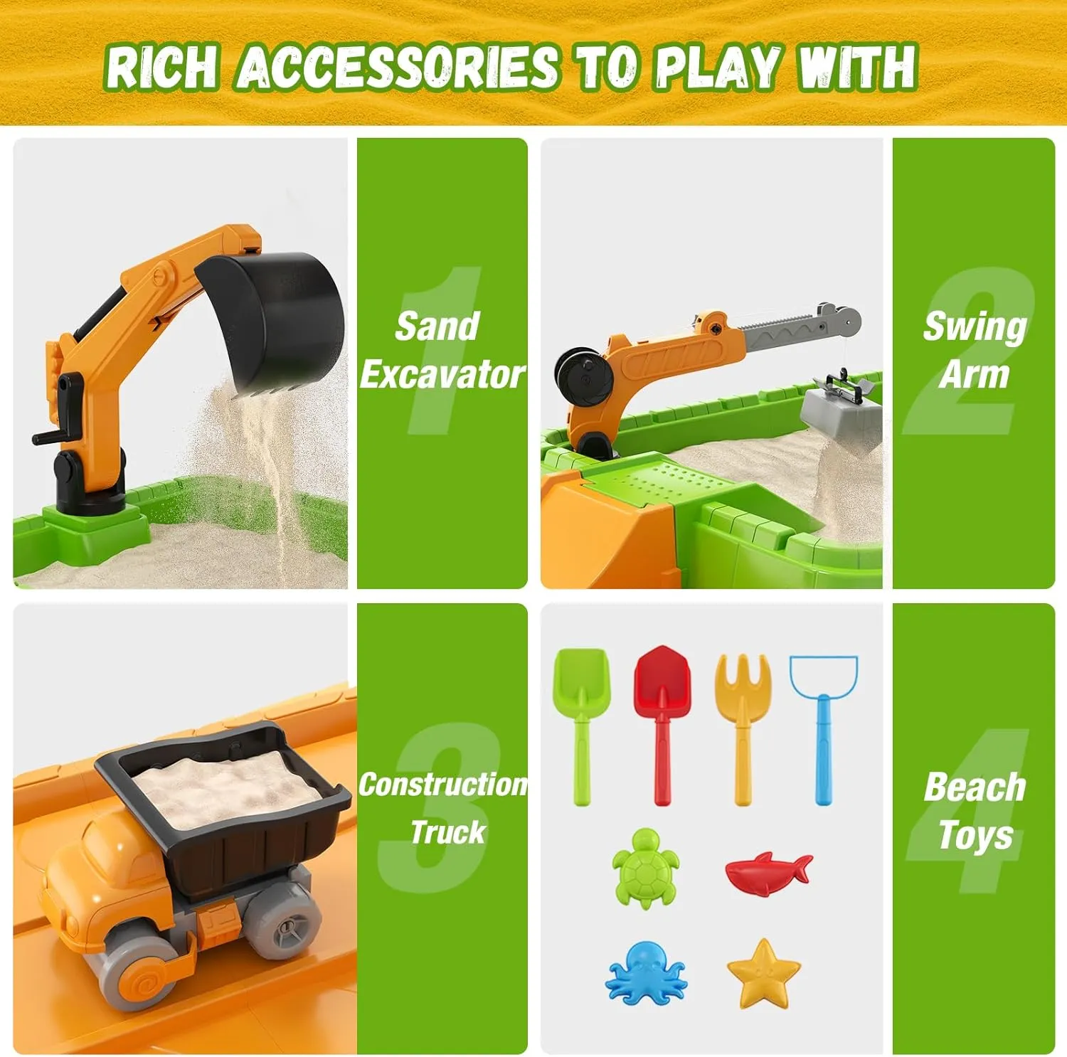 Sandbox with Lid, Dirt Digger Excavator Sand Box with Cover, Kids Sand Pit with Construction Toys/Umbrella/Beach Toys for Toddler 3-5, Sensory Kit Summer Gifts for Indoor Outdoor Backyard, Green