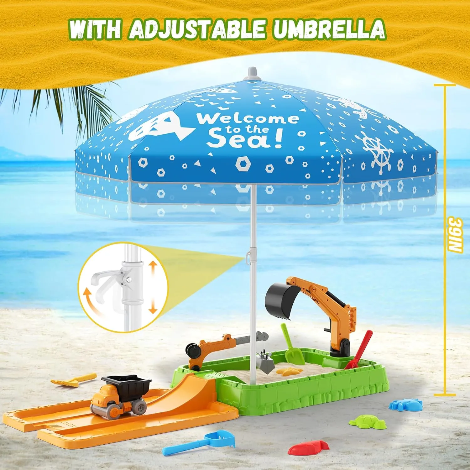 Sandbox with Lid, Dirt Digger Excavator Sand Box with Cover, Kids Sand Pit with Construction Toys/Umbrella/Beach Toys for Toddler 3-5, Sensory Kit Summer Gifts for Indoor Outdoor Backyard, Green