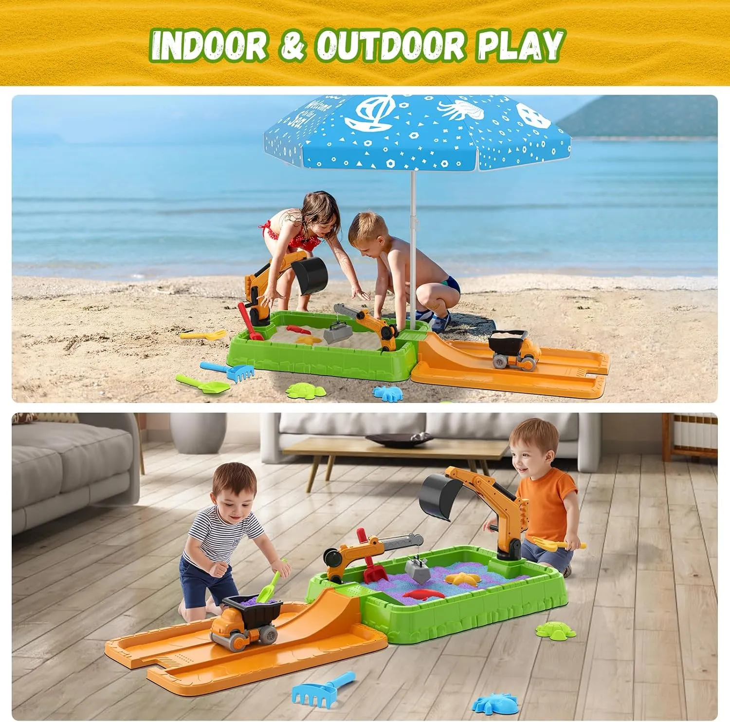 Sandbox with Lid, Dirt Digger Excavator Sand Box with Cover, Kids Sand Pit with Construction Toys/Umbrella/Beach Toys for Toddler 3-5, Sensory Kit Summer Gifts for Indoor Outdoor Backyard, Green