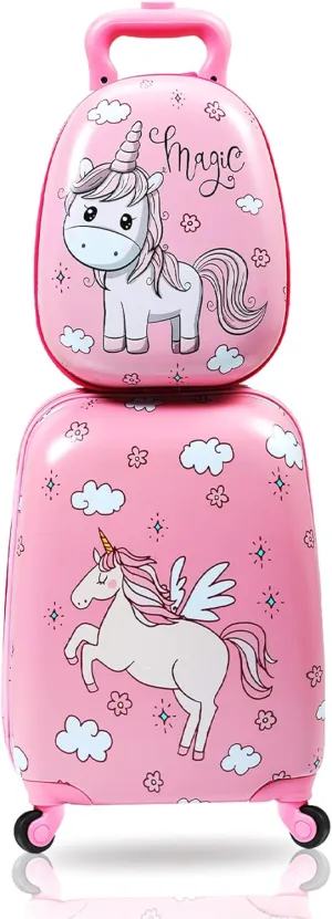 Sandinrayli Kid Luggage Set for Girls, 12” Backpack & 16” Kid Carry on Suitcase with Spinner Wheels, Toddler Rolling Suitcase Hardshell