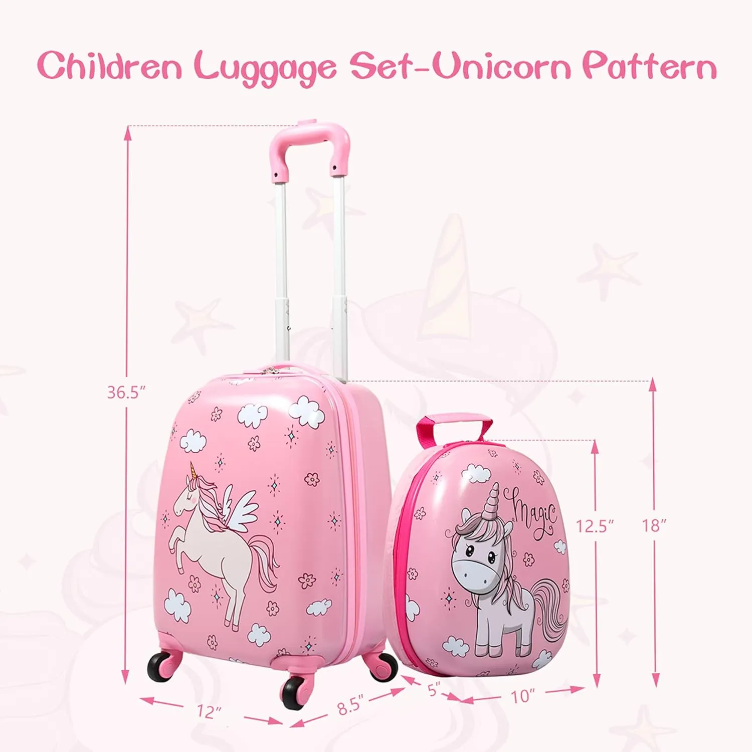 Sandinrayli Kid Luggage Set for Girls, 12” Backpack & 16” Kid Carry on Suitcase with Spinner Wheels, Toddler Rolling Suitcase Hardshell