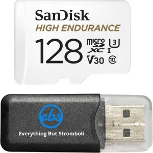 SanDisk High Endurance 128GB TF Card MicroSDXC Memory Card for Dash Cams & Home Security System Video Cameras (SDSQQNR-128G-GN6IA) Class 10 Bundle with (1) Everything But Stromboli MicroSD Card Reader