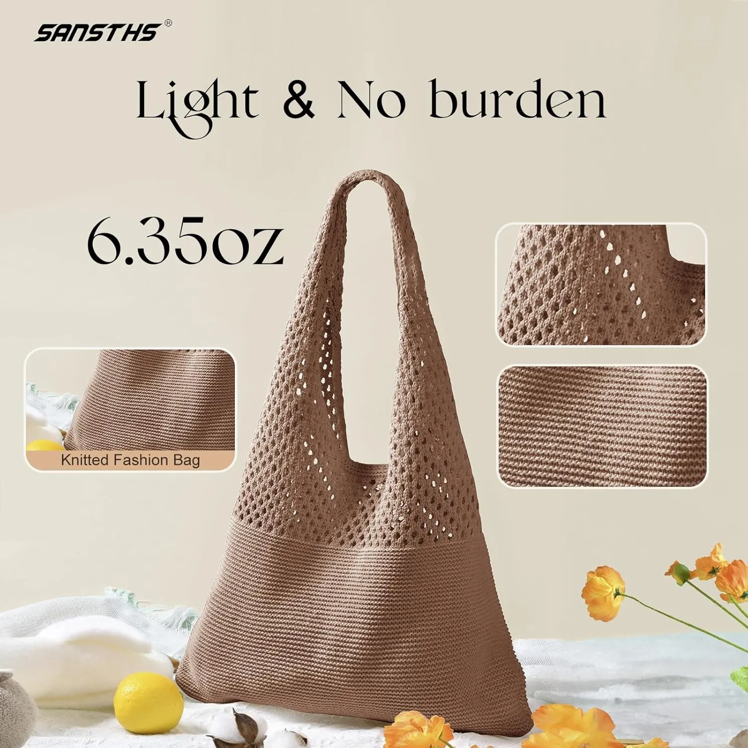 SANSTHS Crochet Mesh Beach Tote Bag Retro Hobo Knitted Bag Woven Tote Summer Shoulder Bag for Women