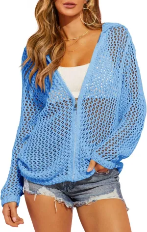 Saodimallsu Womens Crochet Lightweight Cardigans Zip Up Hooded Long Sleeve Knit Sweaters Mesh Beach Swim Cover Up