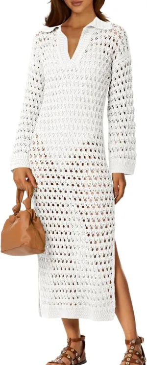 Saodimallsu Womens Crochet Swimsuit Cover Up V Neck Collared Long Sleeve Mesh Knit Split Long Beach Coverup Dress