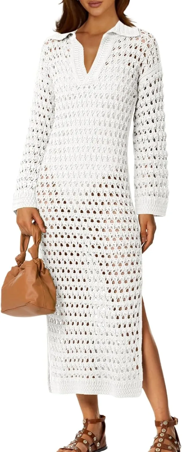 Saodimallsu Womens Crochet Swimsuit Cover Up V Neck Collared Long Sleeve Mesh Knit Split Long Beach Coverup Dress