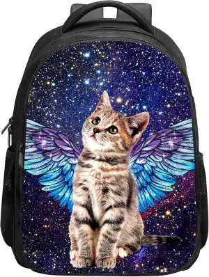 SARA NELL Angel Cat in Galaxy Backpack for Boys Girls, Durable Bookbag with 2 Main Compartment, Side Pockets, Kindergarten Elementary Backpack, 15.7 Inches