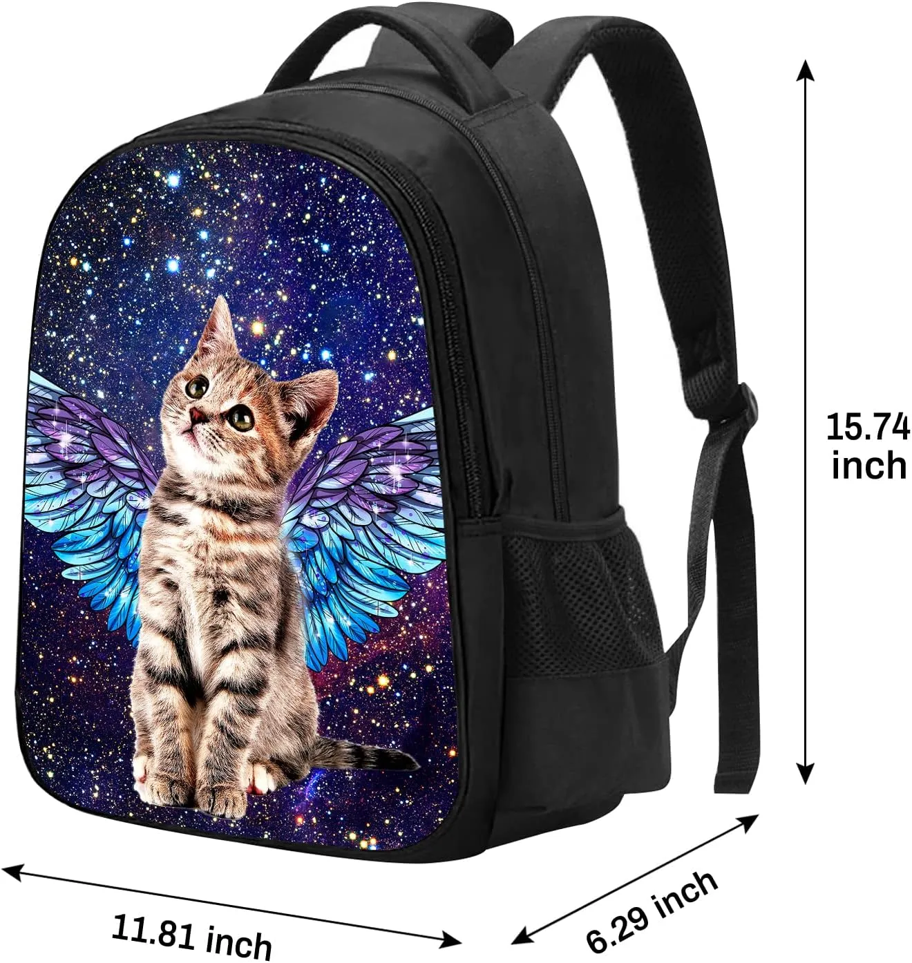 SARA NELL Angel Cat in Galaxy Backpack for Boys Girls, Durable Bookbag with 2 Main Compartment, Side Pockets, Kindergarten Elementary Backpack, 15.7 Inches