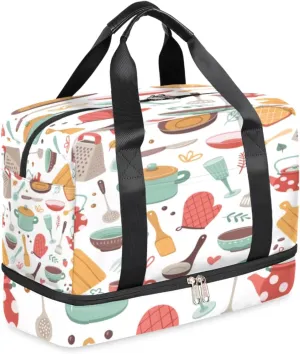 Scandinavian Cooking Sports Gym Bag with Shoes Compartment,Kitchen Foldable Travel Duffel Bag Luggage for Men Women Teens Weekender Overnight Bag Yoga Tote Bag