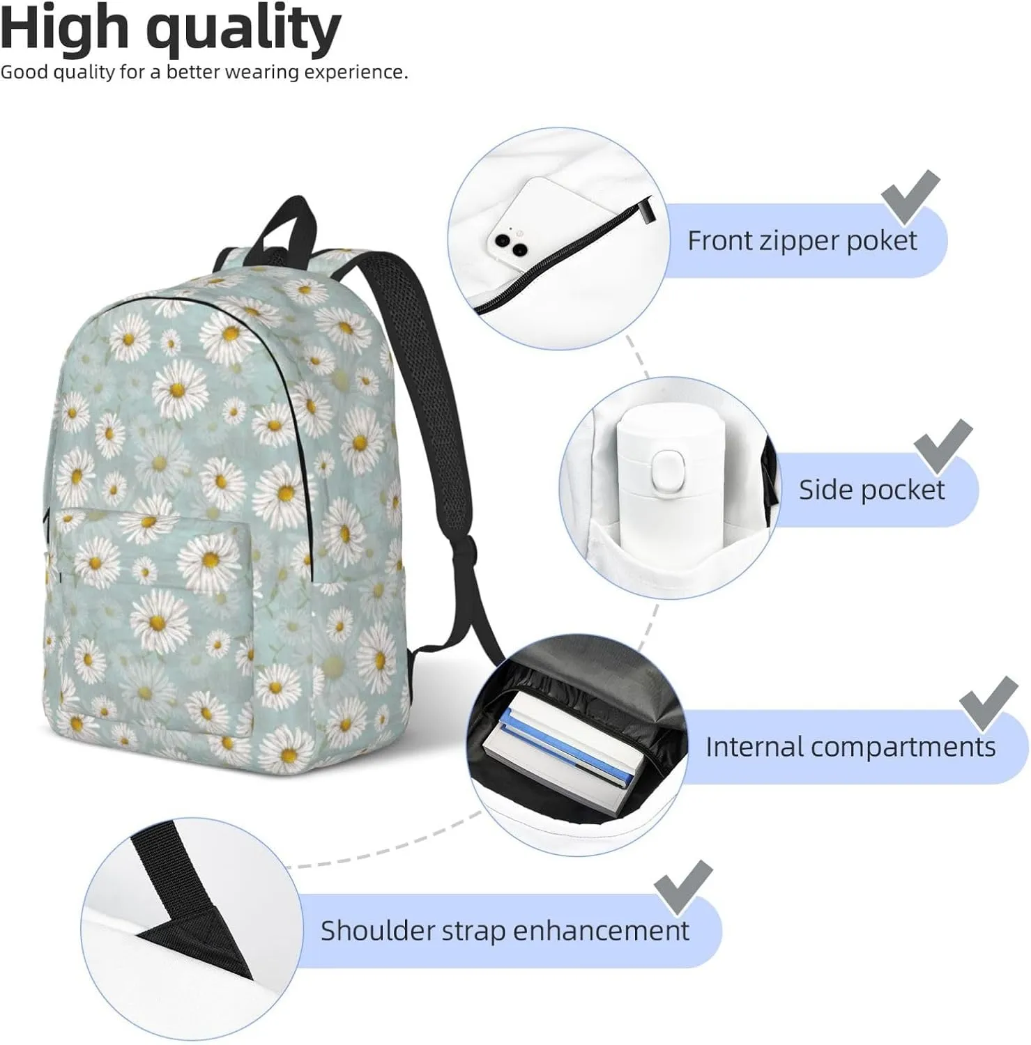 School Backpack Chamomile Flower Vintage Daisy Floral Laptop Rucksack School Bookbag Casual Daypack for 3th 4th 5th Student Teens Travel Hiking 16 Inch