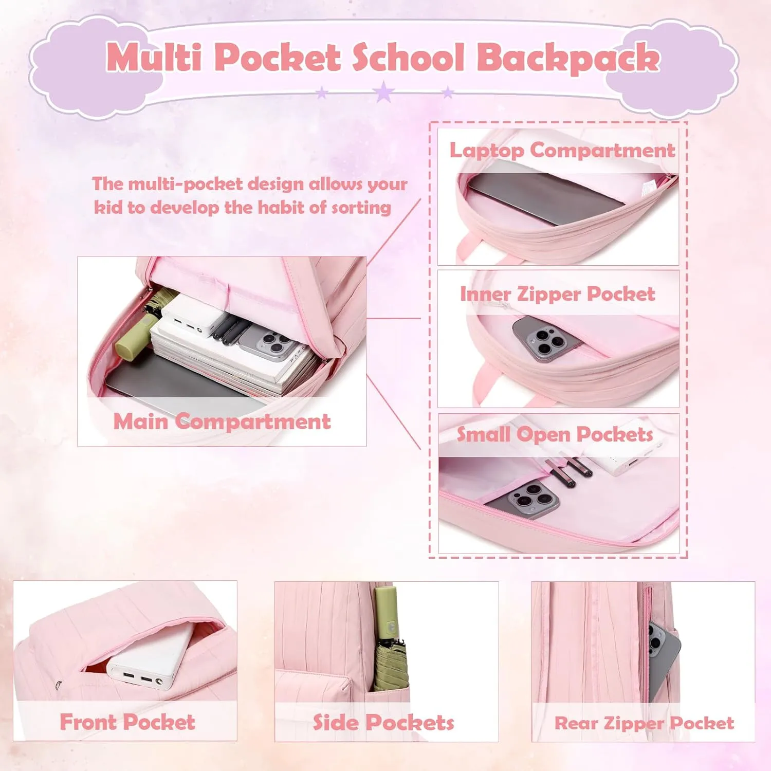 School Backpack for Girls, 3PCS Backpack Set with Lunch Box Pencil Case for Preschool Elementary High School Kids Teens