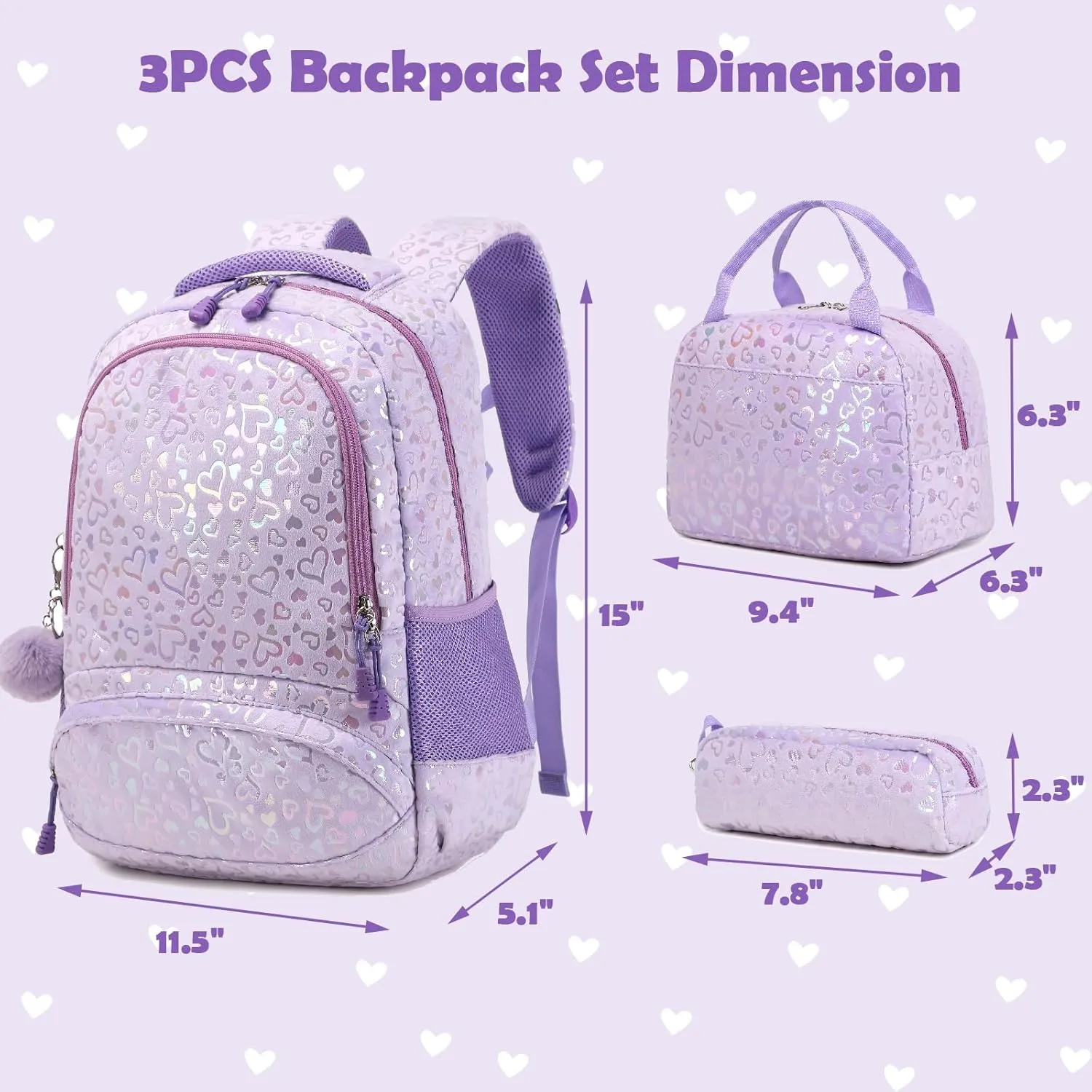 School Backpack for Girls, 3PCS Backpack Set with Lunch Box Pencil Case for Preschool Elementary High School Kids Teens