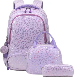 School Backpack for Girls, 3PCS Backpack Set with Lunch Box Pencil Case for Preschool Elementary High School Kids Teens