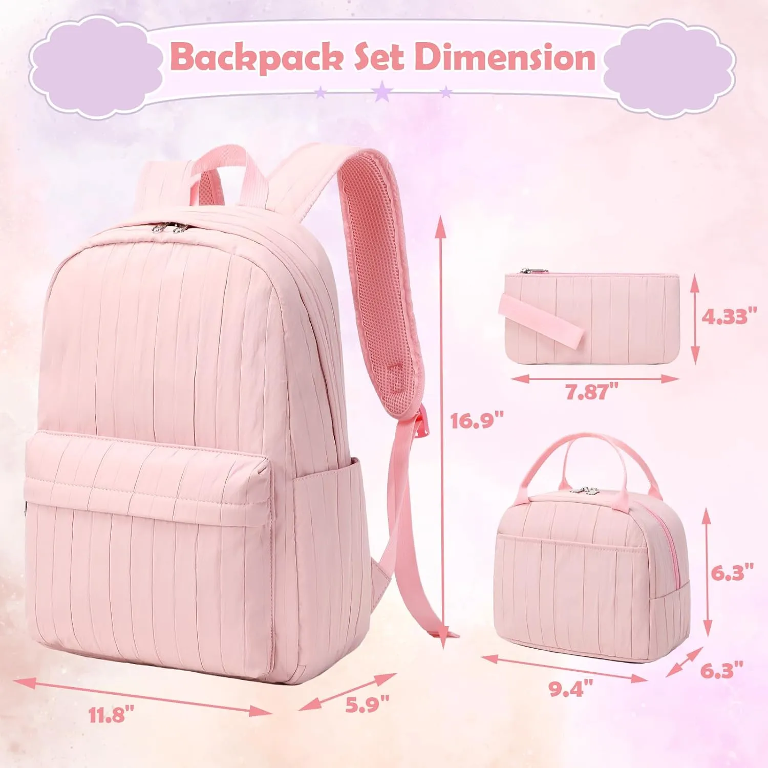 School Backpack for Girls, 3PCS Backpack Set with Lunch Box Pencil Case for Preschool Elementary High School Kids Teens