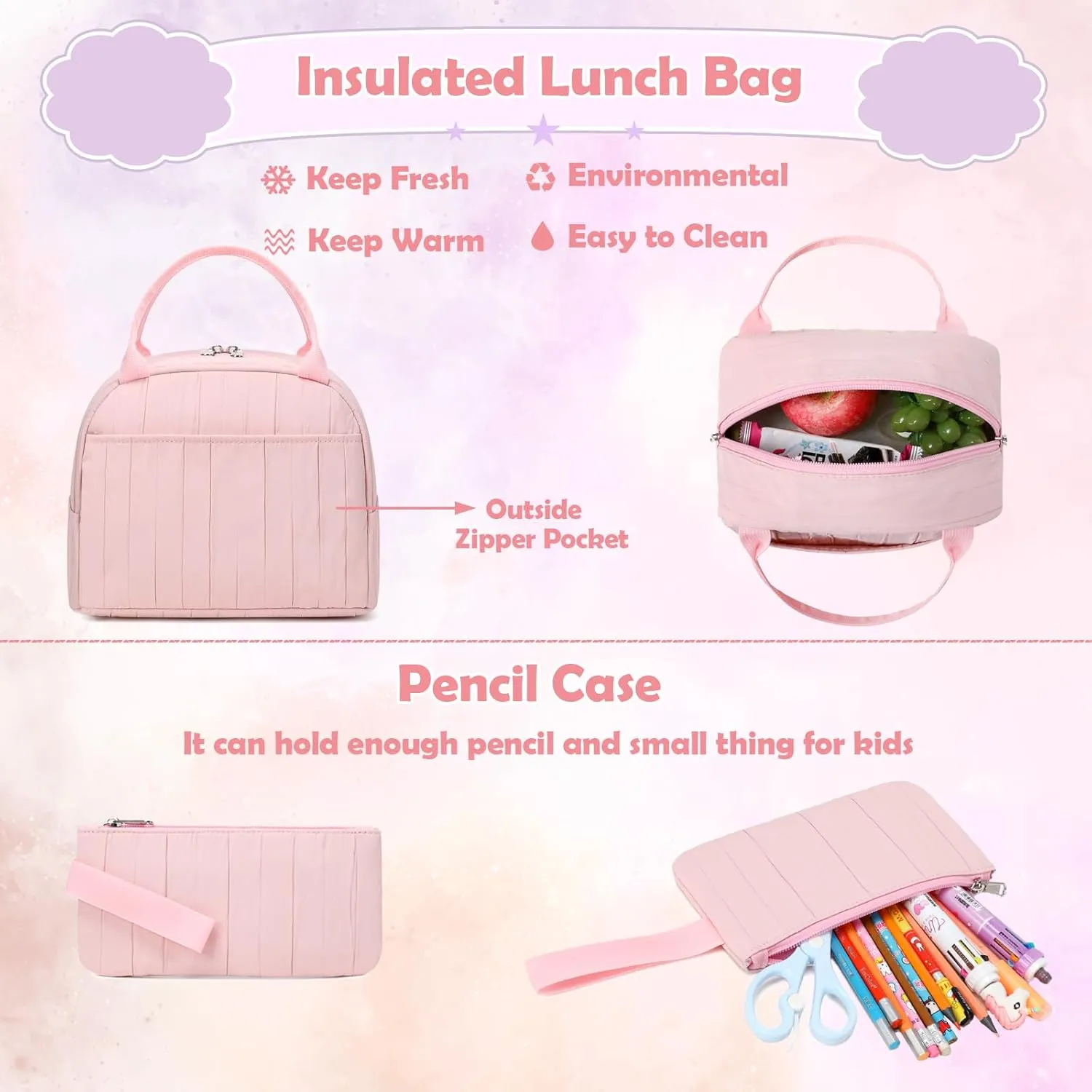 School Backpack for Girls, 3PCS Backpack Set with Lunch Box Pencil Case for Preschool Elementary High School Kids Teens