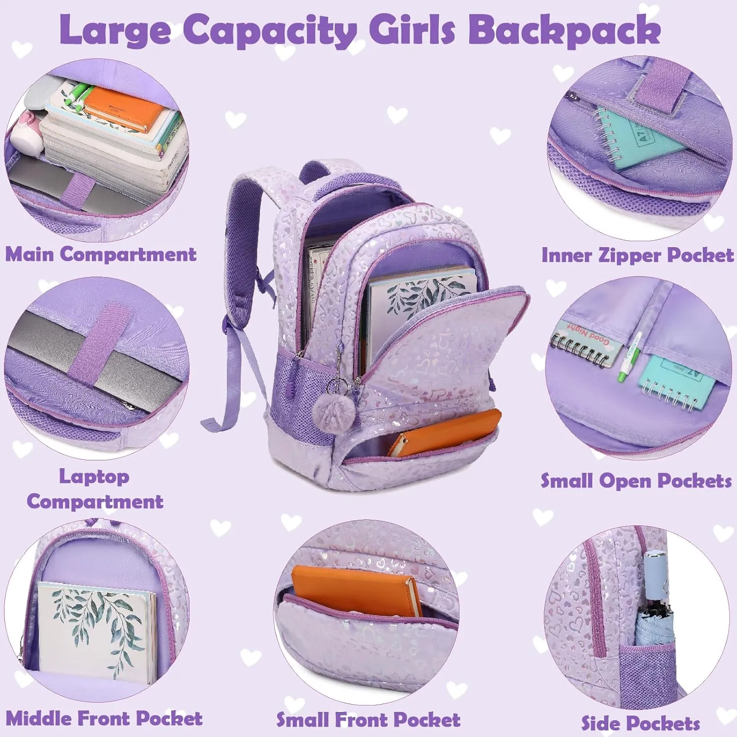 School Backpack for Girls, 3PCS Backpack Set with Lunch Box Pencil Case for Preschool Elementary High School Kids Teens