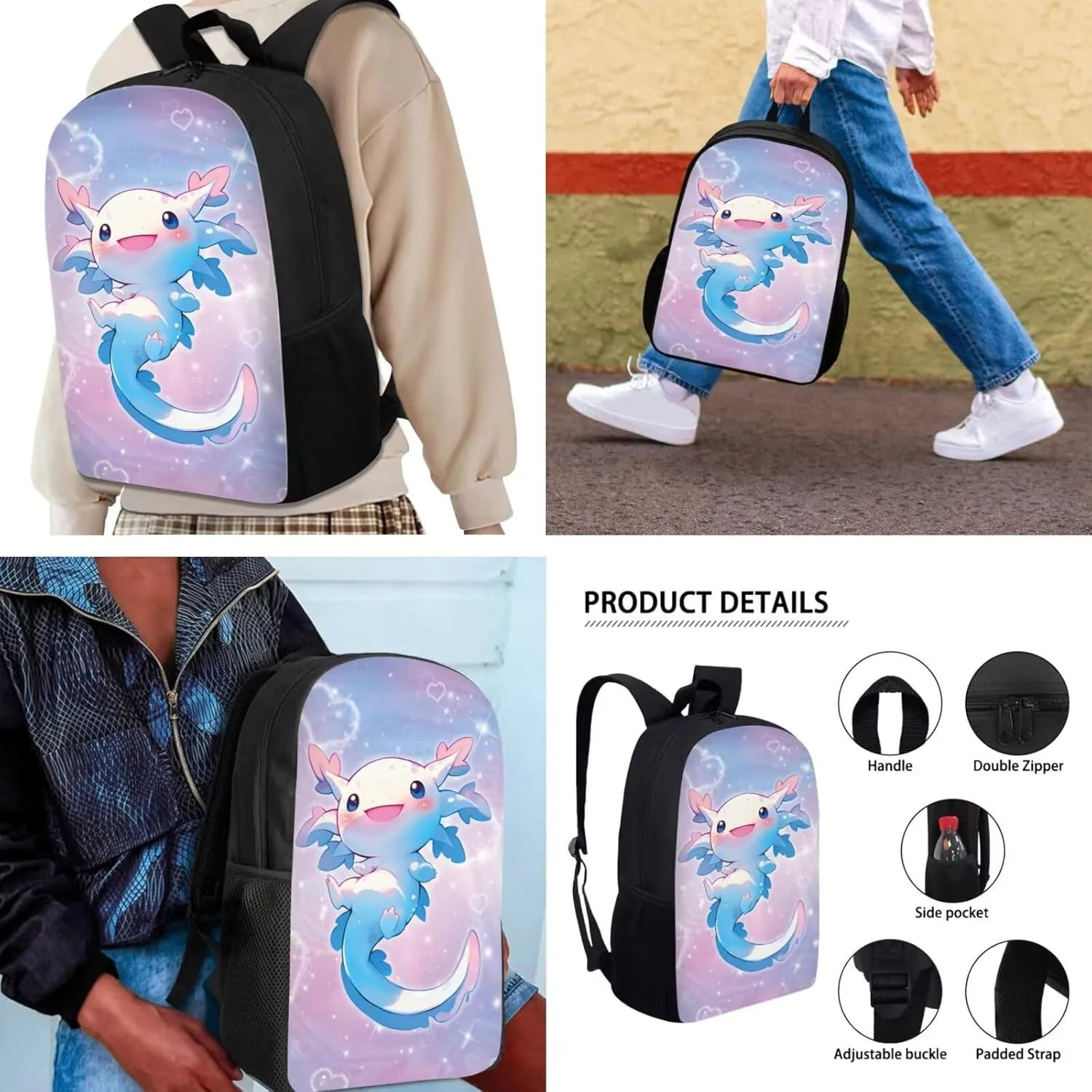 School Backpack for Girls Kids Bookbag Fit Elementary School, Axolotl Bubbles Print 3 Pcs School Bag with Insulated Lunch Bag Pencil Case, Back to School Gift