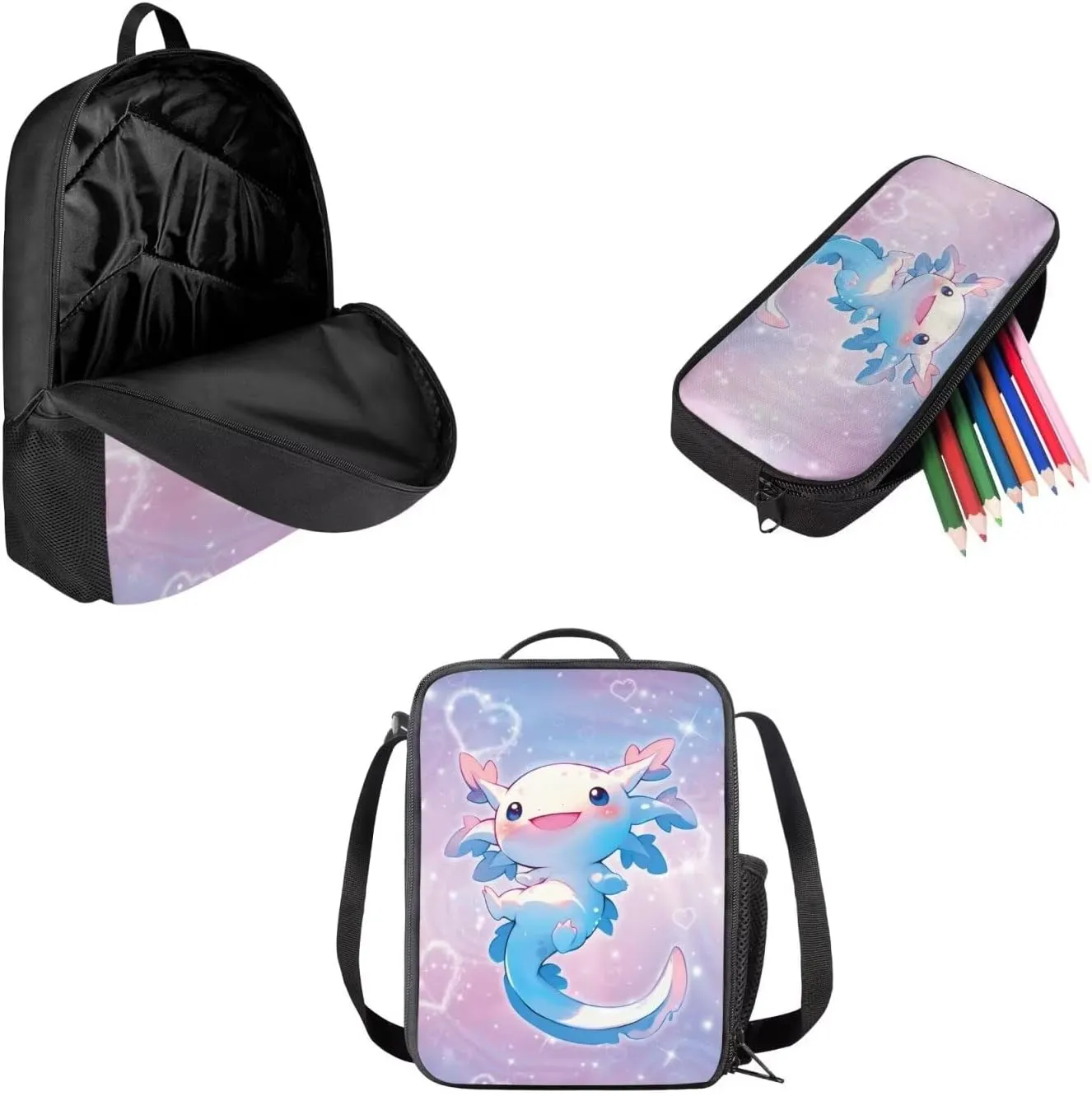 School Backpack for Girls Kids Bookbag Fit Elementary School, Axolotl Bubbles Print 3 Pcs School Bag with Insulated Lunch Bag Pencil Case, Back to School Gift