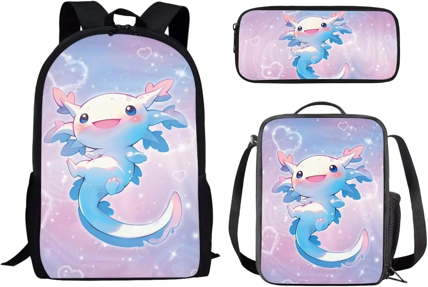 School Backpack for Girls Kids Bookbag Fit Elementary School, Axolotl Bubbles Print 3 Pcs School Bag with Insulated Lunch Bag Pencil Case, Back to School Gift