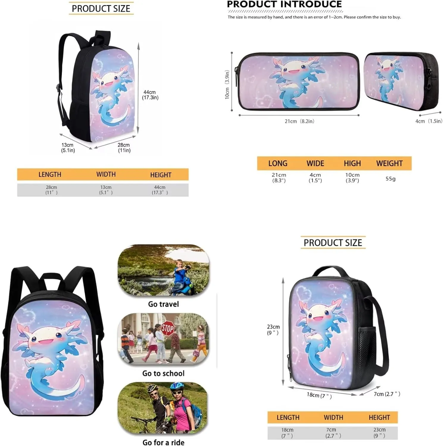 School Backpack for Girls Kids Bookbag Fit Elementary School, Axolotl Bubbles Print 3 Pcs School Bag with Insulated Lunch Bag Pencil Case, Back to School Gift