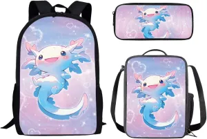 School Backpack for Girls Kids Bookbag Fit Elementary School, Axolotl Bubbles Print 3 Pcs School Bag with Insulated Lunch Bag Pencil Case, Back to School Gift