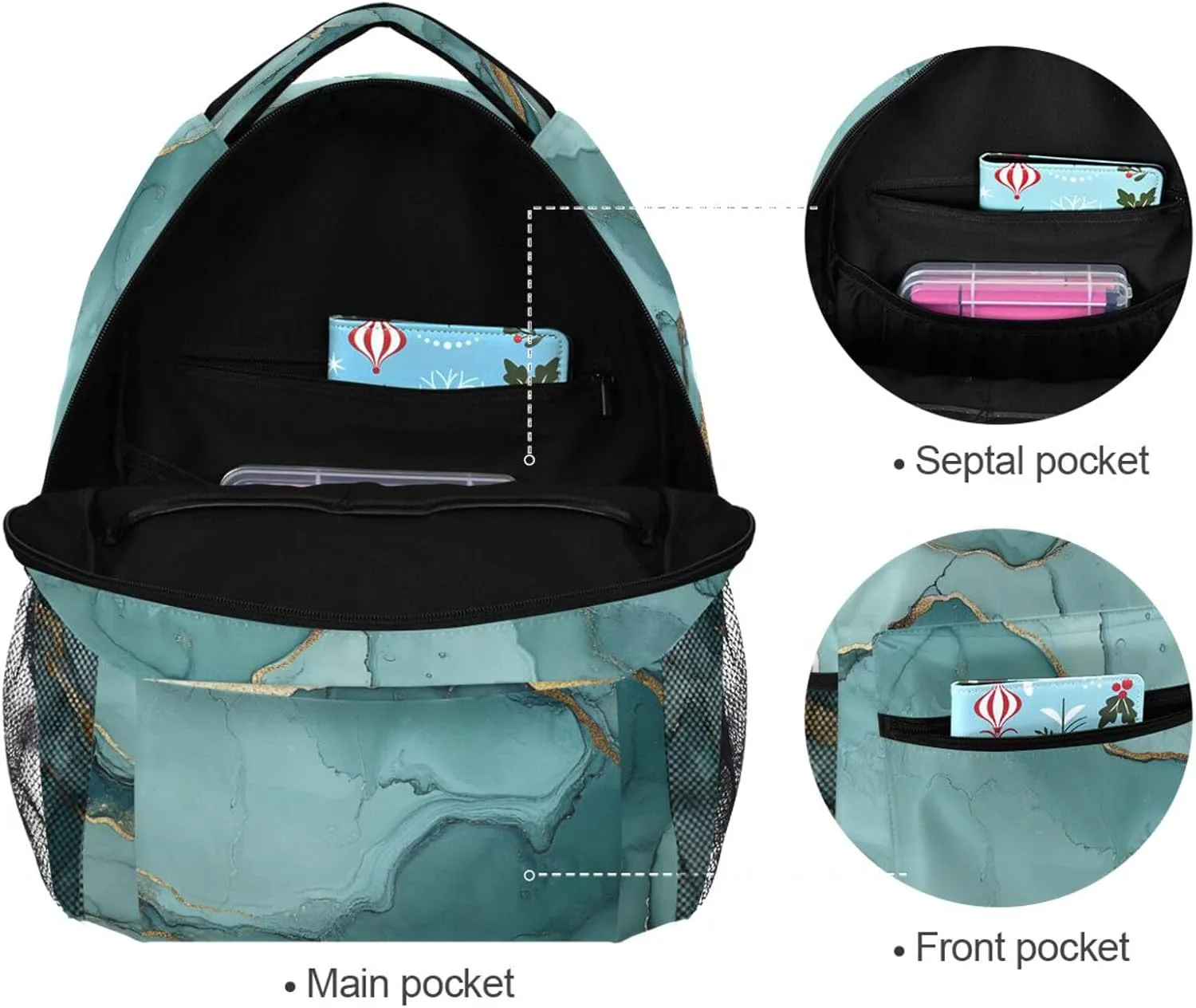 School Backpack for Men Women Fashion Diaper Bag Backpack with Chest Strap for College Work Marble Silver Sage Green