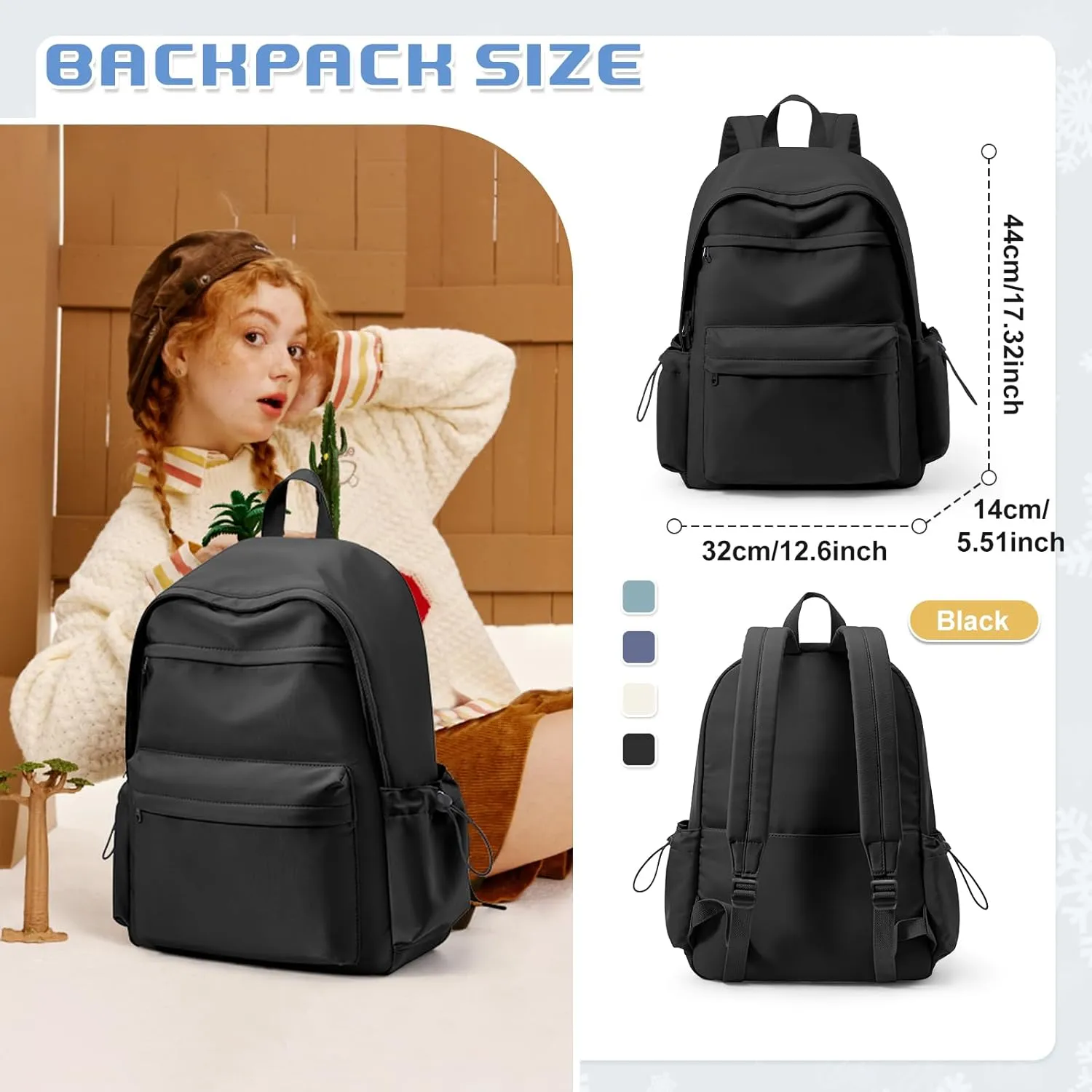 School Backpack for Middle High Students, Lightweight Waterproof 15.6 inch Laptop Backpack, Casual Daypack Simple School Bag for Teens Girls, Black