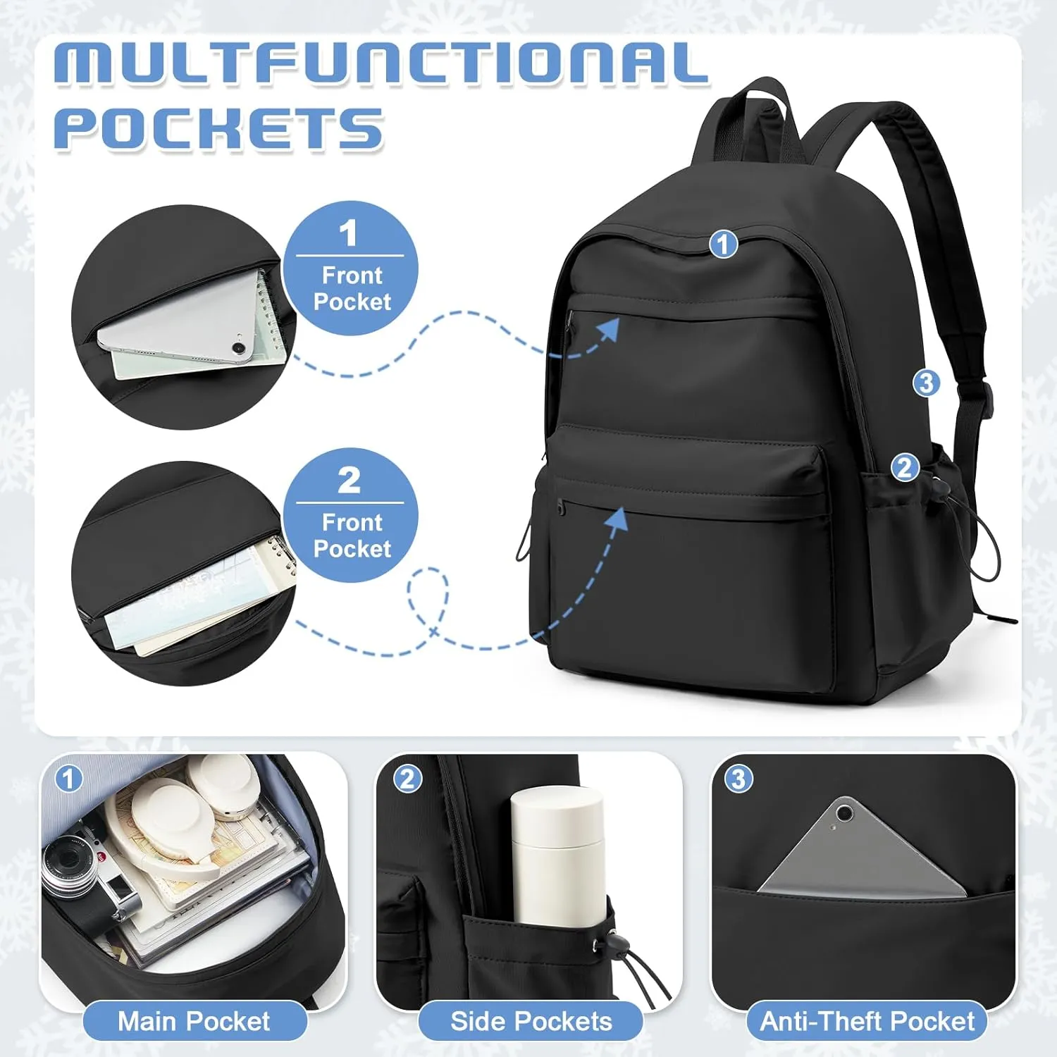 School Backpack for Middle High Students, Lightweight Waterproof 15.6 inch Laptop Backpack, Casual Daypack Simple School Bag for Teens Girls, Black
