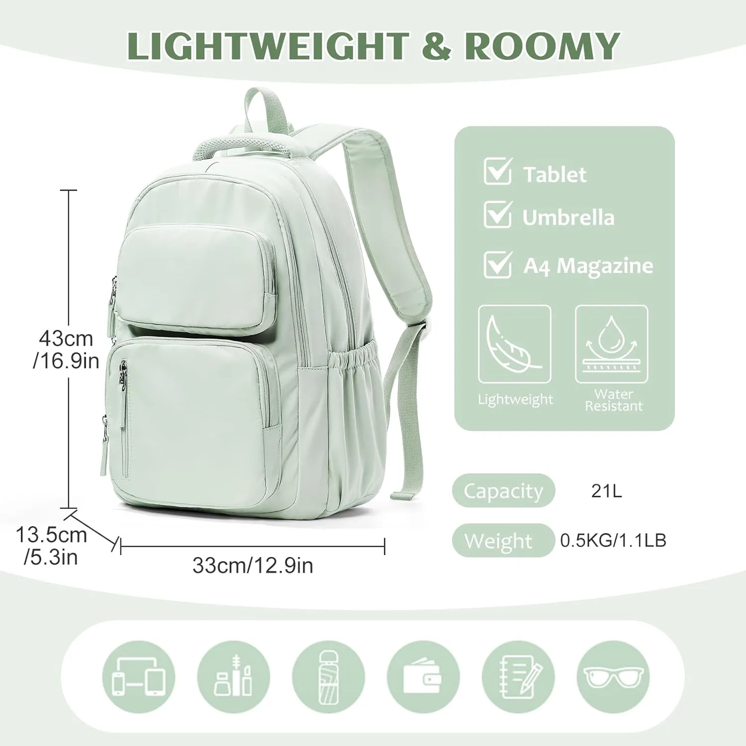 School Backpack for Teens Girls Waterproof Bookbags Multi-pocket Middle School Backpacks for Boys Aesthetic School Bag College Laptop Backpack for Women Casual Daypacks Mint Green