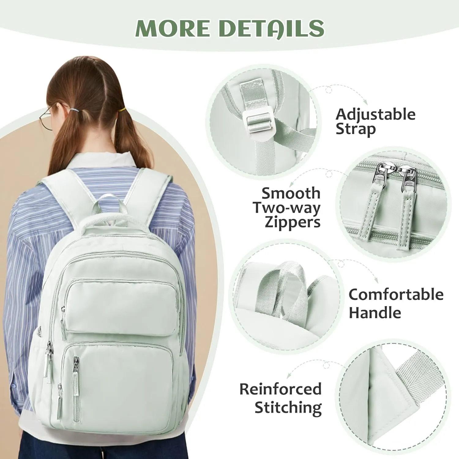 School Backpack for Teens Girls Waterproof Bookbags Multi-pocket Middle School Backpacks for Boys Aesthetic School Bag College Laptop Backpack for Women Casual Daypacks Mint Green